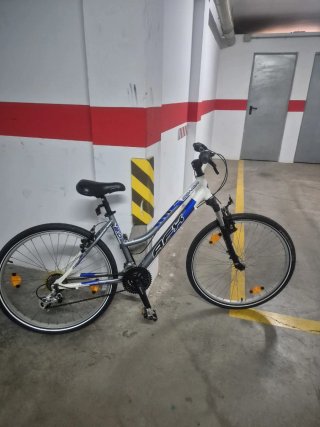 Bicicleta de montaña plateada y blanca