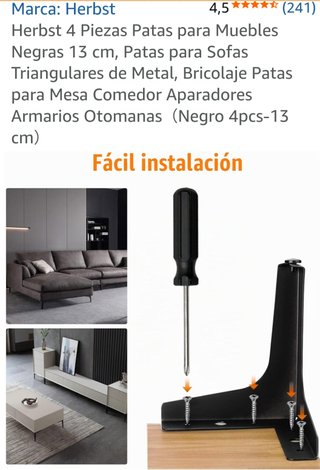 8 Patas Muebles Sofá Negras 13cm + Tornillos