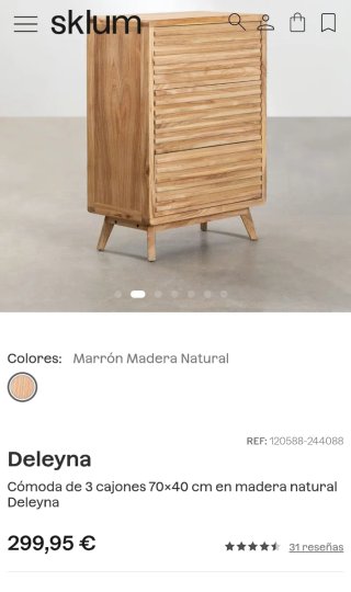 Sklum Cómoda de 3 cajones 70x40 cm madera natural