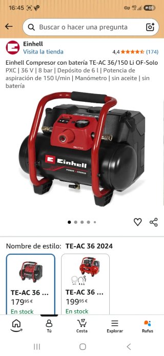 Compresor Einhell TE-AC 36/150 Li OF batería 36V