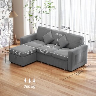 Divano 3 Posti Modulare con Pouf Contenitore in Ve