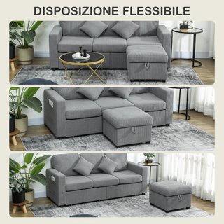 Divano 3 Posti Modulare con Pouf Contenitore in Ve