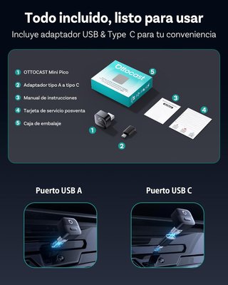 Ottocast Mini Pico 2026 CarPlay/Android Adaptador