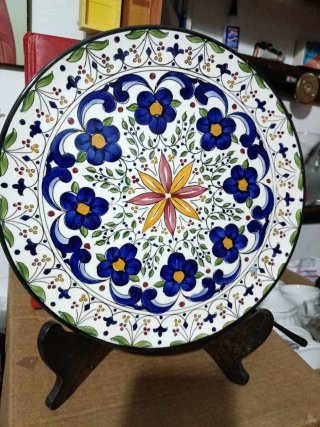 Plato Cerámica Decorativo Floral Azul