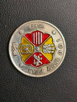 Moneda 100 Pesetas Plata 1966 colores  bandera Esp