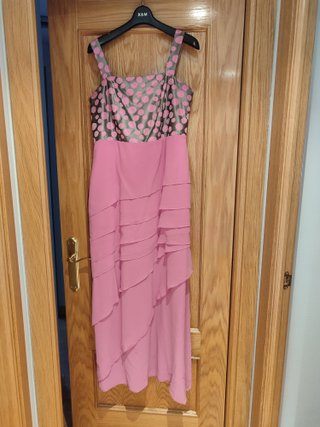 Vestido fiesta rosa con lunares grises