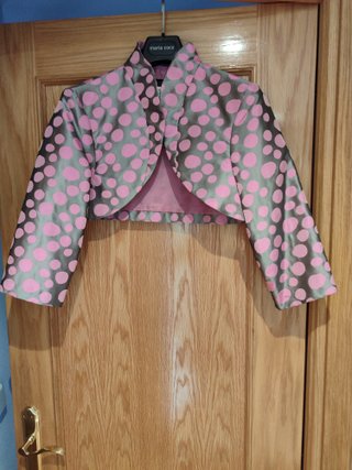 Vestido fiesta rosa con lunares grises