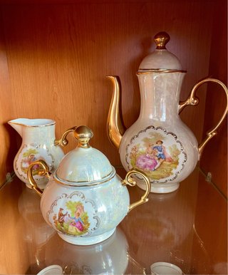 Juego de té vintage porcelana oro blanco