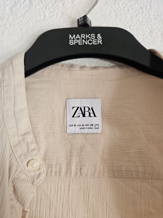 Camisa Zara Blanca y Beige Cuello Mandarín