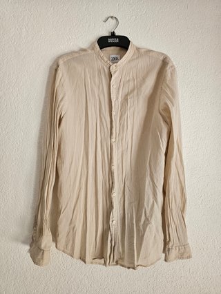 Camisa Zara Blanca y Beige Cuello Mandarín