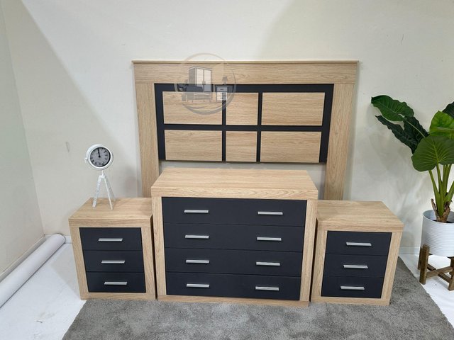 ️ Pack dormitorio completo – Cabecero + 2 mesitas + cómoda