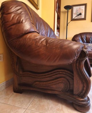Juego sofás 3+2+1 (piel de búfalo y madera maciza)