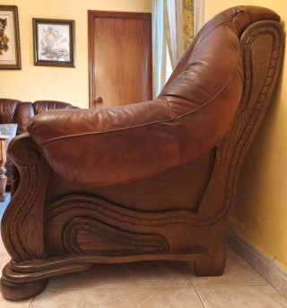 Juego sofás 3+2+1 (piel de búfalo y madera maciza)