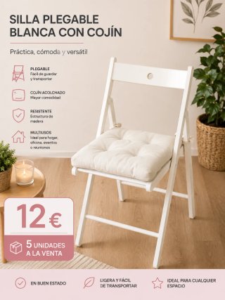 Sillas plegables blancas con cojín (5 uds)