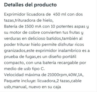 Licuadora Portátil Frutas 400ml USB