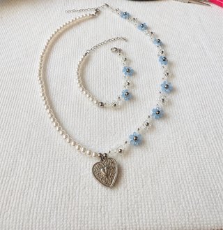 Conjunto Collar y Pulsera Corazón Perlas Baby Blue
