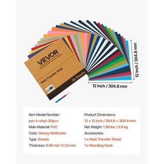 Heat Transfer Vinyl, 30 Pack, 304.8 x 304.8mm, Ass