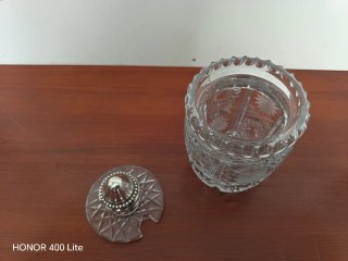 Azucarero antiguo cristal tallado pomo plata