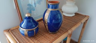 Set VINTAGE Vaso + Potiche Ceramica Blu+ Ottone