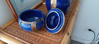 Set VINTAGE Vaso + Potiche Ceramica Blu+ Ottone