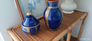 Set VINTAGE Vaso + Potiche Ceramica Blu+ Ottone