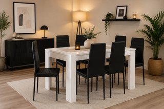 MESA COMEDOR O COCINA BLANCA Y 6 SILLAS POLIPIEL