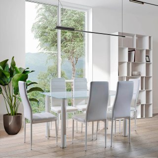 MESA DE CRISTAL NUEVA Y 6 SILLAS NEGRO POLIPIEL