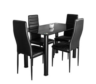 MESA DE CRISTAL NUEVA Y 4 SILLAS NEGRO POLIPIEL