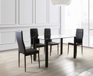 MESA DE CRISTAL NUEVA Y 4 SILLAS NEGRO POLIPIEL