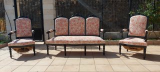 Tresillo y 2 sillones isabelinos madera y tela
