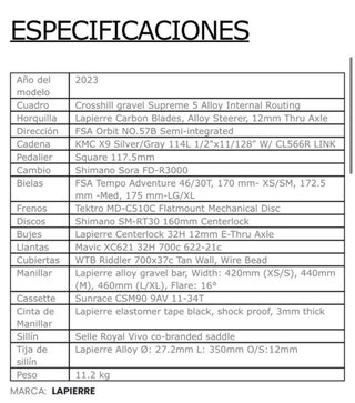 LAPIERRE CROSSHILL 2.0 GRAVEL TALLA M (NUEVA 1USO)