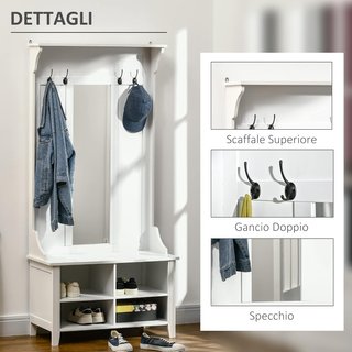 Perchero de Pie con Espejo Zapatero 4 Ganchos Madera 80X40X170Cm Blanco