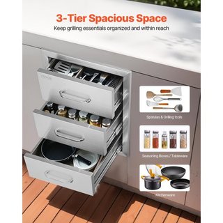 Cajones de Cocina Exterior 16" W x 21.5" H x 18" D, Cajones de Acceso Triple Montados a Ras con Mango de Acero Inoxidable, Cajones para Isla de BBQ para Cocinas Exteriores o Estación de Parrilla e...