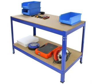 Mesa de trabajo con estante azul