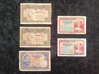 LOTE 18 BILLETES ANTIGUOS 1 A 100 PESETAS ESPAÑA