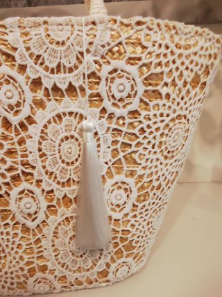 Borsa paglia e ricami bianca/oro
