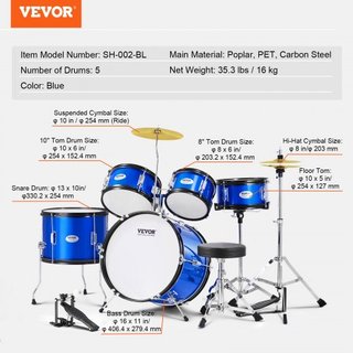 Juego de Batería para Niños, 5 Piezas, Juego de Batería Completo para Principiantes de 16 pulgadas con Bombo, Toms, Caja, Batería de Suelo, Trono Ajustable, Platillo, Pedal de Hi-Hat y Dos Pares d...