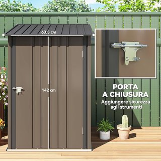 Caseta De Jardín 0.92M² en Acero Galvanizado Con Puerta Batiente, Cobertizo Para Herramientas Con Techo Inclinado, Puertas Bloqueables, 100X103X160Cm, Marrón Y Gris