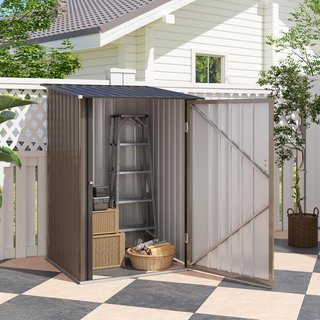 Caseta De Jardín 0.92M² en Acero Galvanizado Con Puerta Batiente, Cobertizo Para Herramientas Con Techo Inclinado, Puertas Bloqueables, 100X103X160Cm, Marrón Y Gris