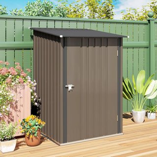 Caseta De Jardín 0.92M² en Acero Galvanizado Con Puerta Batiente, Cobertizo Para Herramientas Con Techo Inclinado, Puertas Bloqueables, 100X103X160Cm, Marrón Y Gris