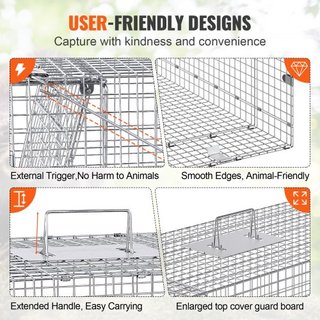 Trampa de Jaula para Animales Vivos, 50" x 20" x 26" Trampa Humana para Gatos de Hierro Galvanizado, Trampa de Animales Plegable con Mango para Perros Callejeros, Armadillos, Mapaches, Marmotas, Z...
