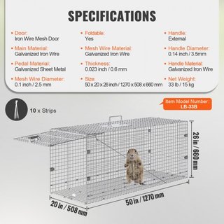 Trampa de Jaula para Animales Vivos, 50" x 20" x 26" Trampa Humana para Gatos de Hierro Galvanizado, Trampa de Animales Plegable con Mango para Perros Callejeros, Armadillos, Mapaches, Marmotas, Z...