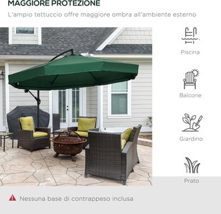 Sombrilla Descentrada 3X3 M Con Mosquitera, Base Cruzada, Salidas de Aire y Manivela, Sombrilla de Jardín Inclinable y Giratoria a 360° en Acero y Poliéster, Protección UV, Verde