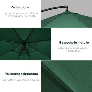 Sombrilla Descentrada 3X3 M Con Mosquitera, Base Cruzada, Salidas de Aire y Manivela, Sombrilla de Jardín Inclinable y Giratoria a 360° en Acero y Poliéster, Protección UV, Verde