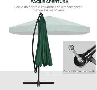 Sombrilla Descentrada 3X3 M Con Mosquitera, Base Cruzada, Salidas de Aire y Manivela, Sombrilla de Jardín Inclinable y Giratoria a 360° en Acero y Poliéster, Protección UV, Verde