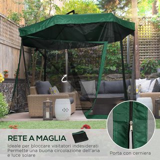 Sombrilla Descentrada 3X3 M Con Mosquitera, Base Cruzada, Salidas de Aire y Manivela, Sombrilla de Jardín Inclinable y Giratoria a 360° en Acero y Poliéster, Protección UV, Verde