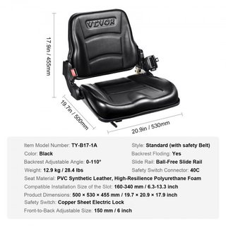 Asiento Universal para Montacargas, Asiento de Tractor Plegable con Respaldo Ajustable, Interruptor Micro y Cinturón de Seguridad Retráctil, Asiento para Montacargas de 6.3-13.4 pulgadas para Carg...