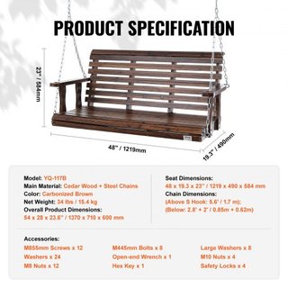 Hamaca de Madera de 4.5 pies, hamaca de patio para patio y jardín, capacidad de carga mejorada de 880 lbs, banco de hamaca de alta resistencia con cadenas colgantes para exteriores, marrón carbonizado