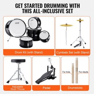 Juego de Batería para Niños, 5 Piezas, Juego de Batería Completo para Principiantes de 16 pulgadas con Bombo, Toms, Caja, Batería de Suelo, Trono Ajustable, Platillo, Pedal de Hi-Hat y Dos Pares d...