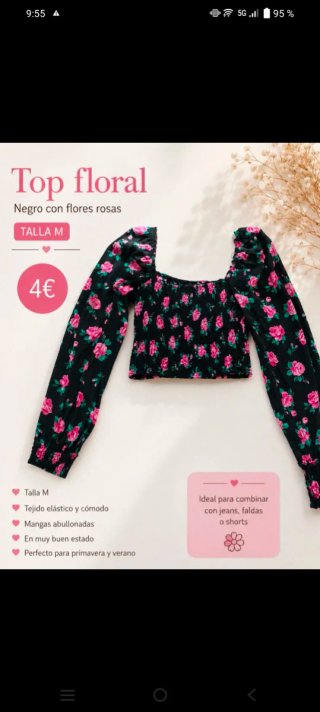 Top floral negro mangas abullonadas talla M
